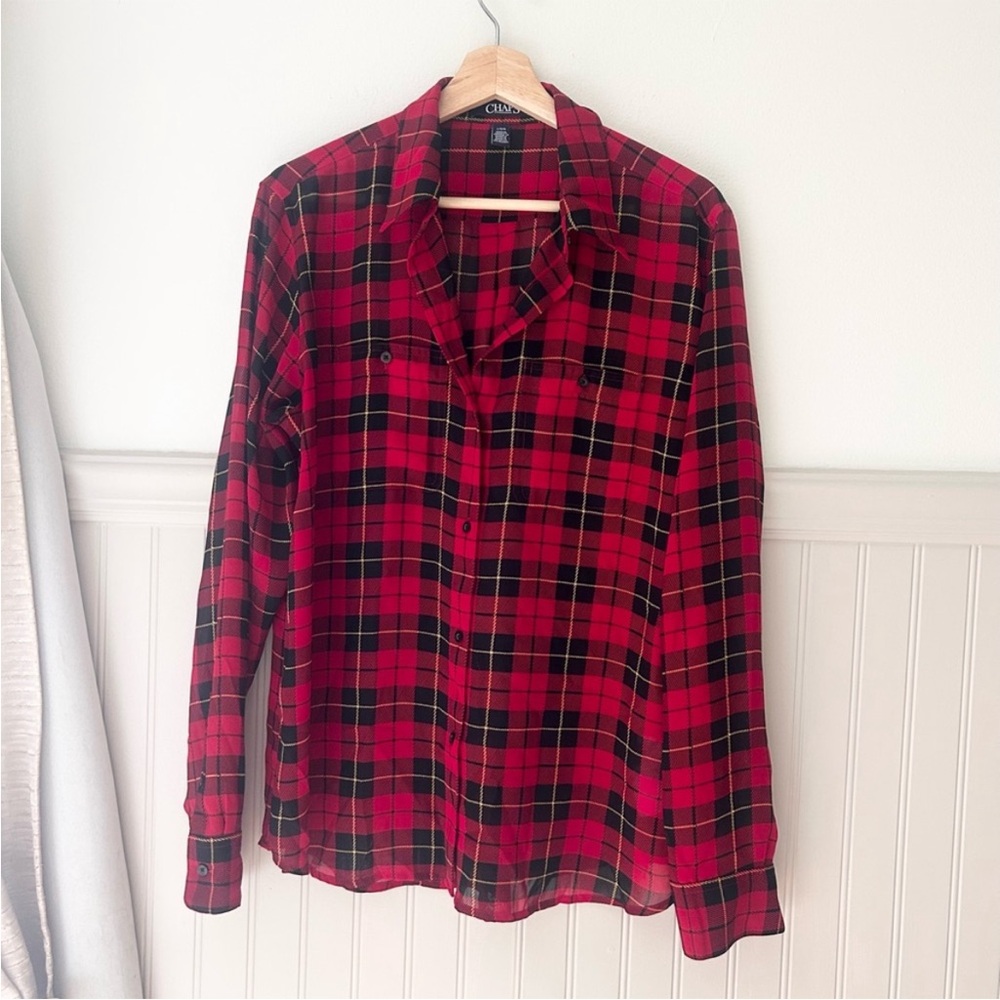 Chaps Red Black Plaid Button Down Shirt Large Lightweight Long Sleeve Top